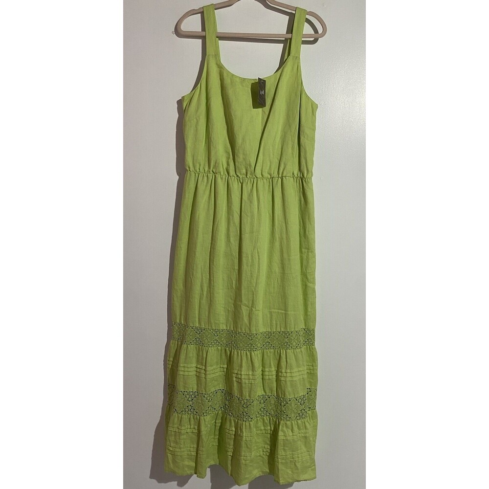 J Jill Dress LT Celery Green Linen Maxi Tiered Crochet Boho Cottagecore Peasant